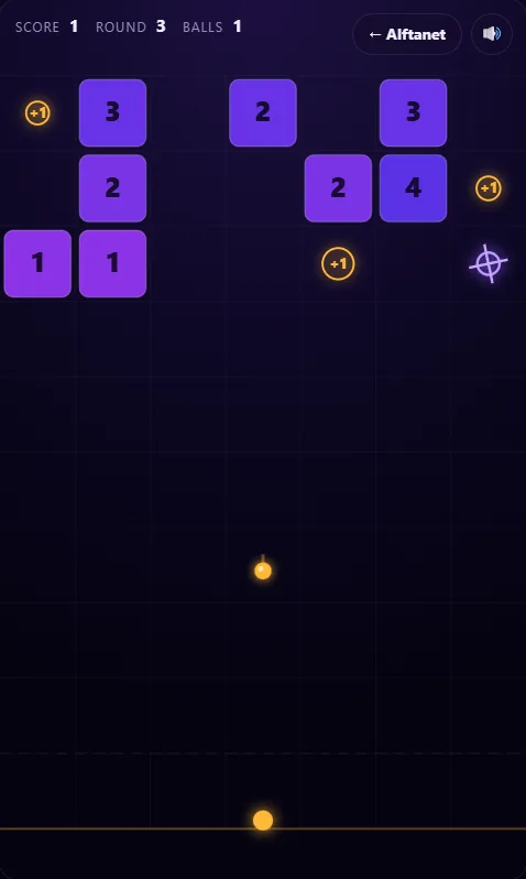 Bricklash: numbered purple bricks at the top of a tall board, a ball in flight, and the launcher at the bottom