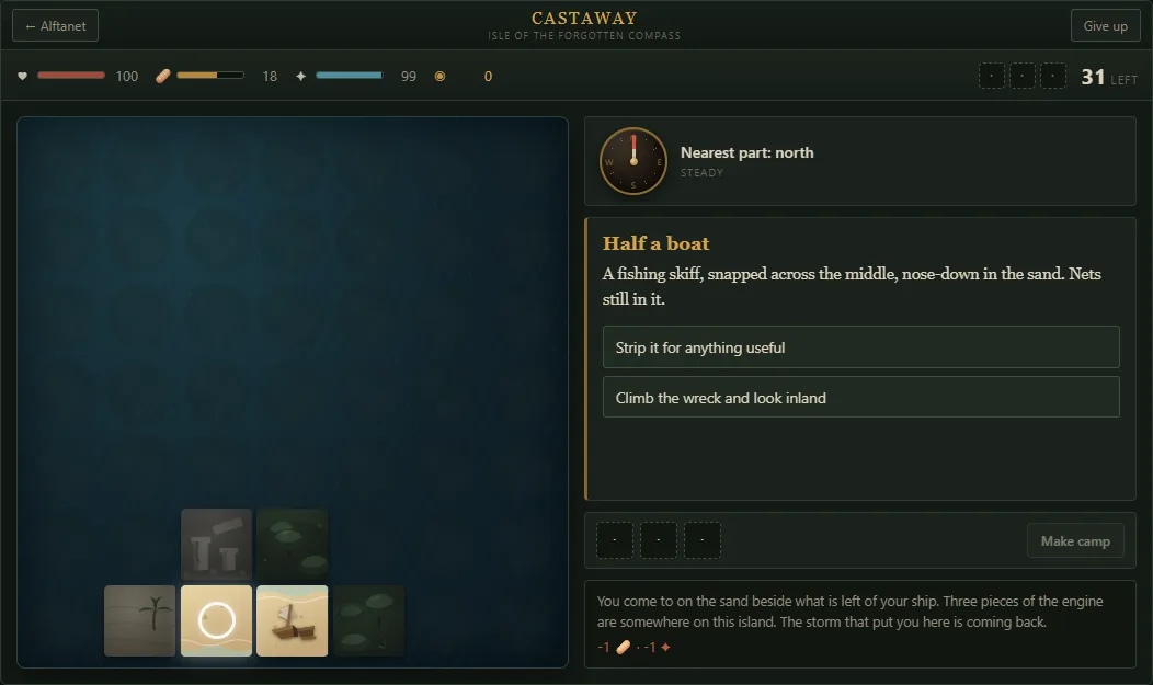 Castaway: a mostly fogged island map with a few revealed tiles near the shore, a brass compass reading 'Nearest part: north', and an event card about half a boat