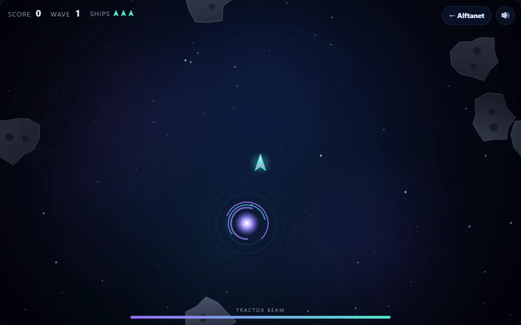 Driftbreak: a small ship near a glowing gravity well, with grey asteroids around the edges of the screen