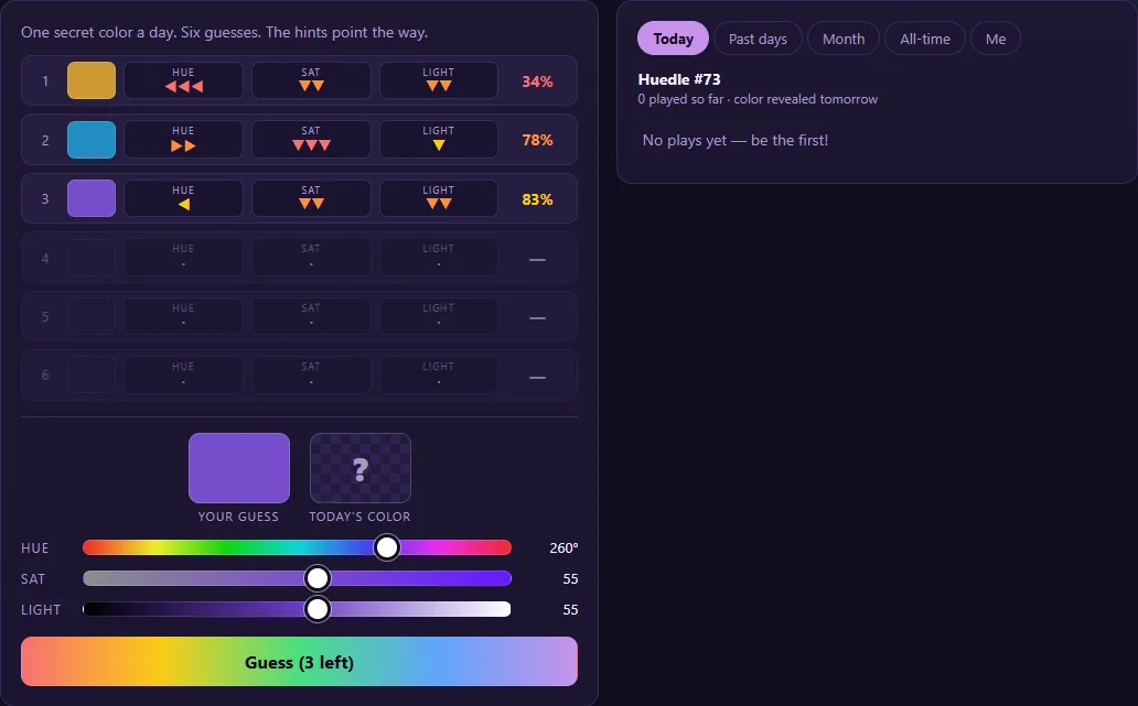 Huedle: three guesses shown as colour swatches with arrow hints for hue, saturation and lightness and match percentages of 34, 78 and 83 per cent, above the sliders for the next guess