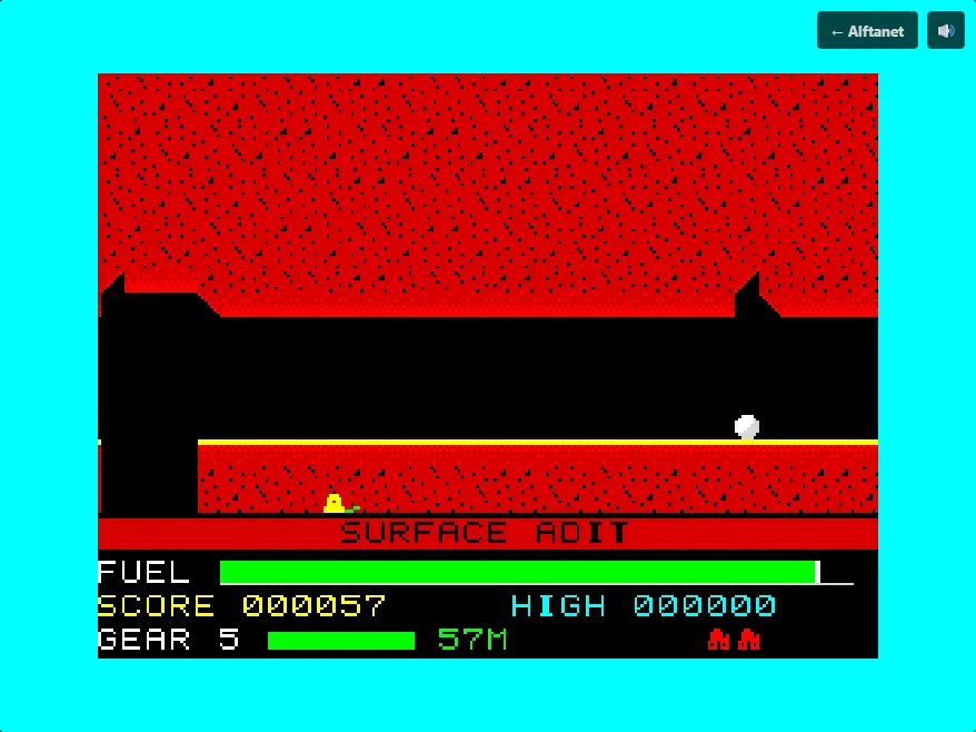Redline: an 8-bit motorbike in a red rock tunnel at gear 5 and 57 metres, dropping into a pit in the tunnel floor