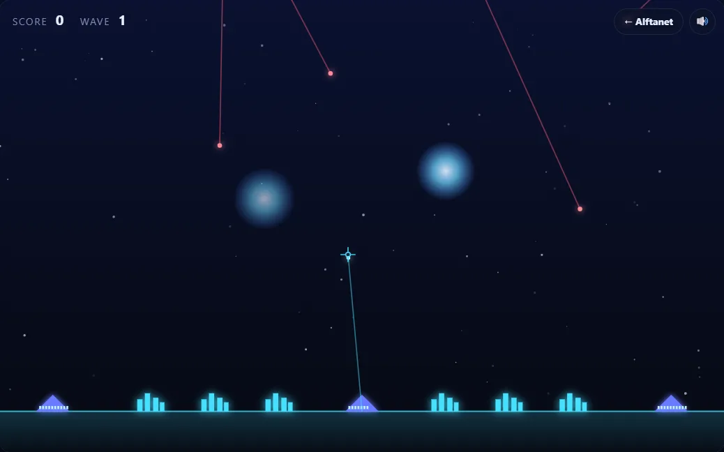 Skyguard: red missile trails falling towards a row of cities, with two blue counter-missile explosions in the sky