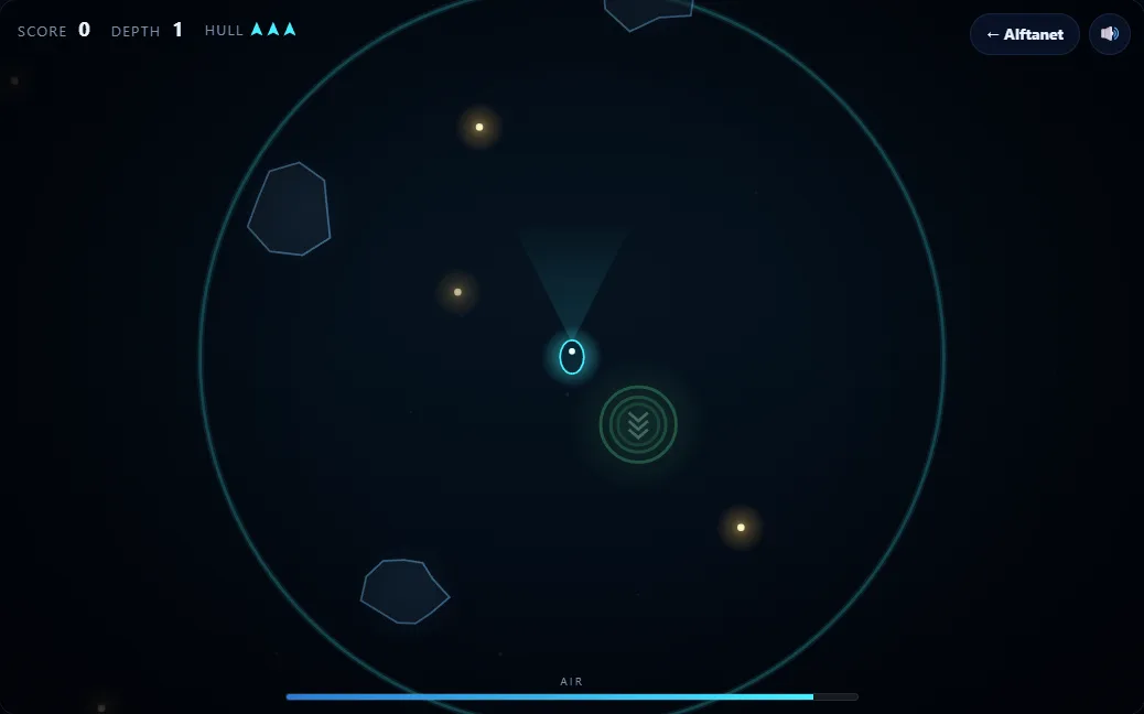 Sonar: a dark screen with a ring spreading out from a small submarine, briefly outlining rocks, glowing pearls and a green exit marker