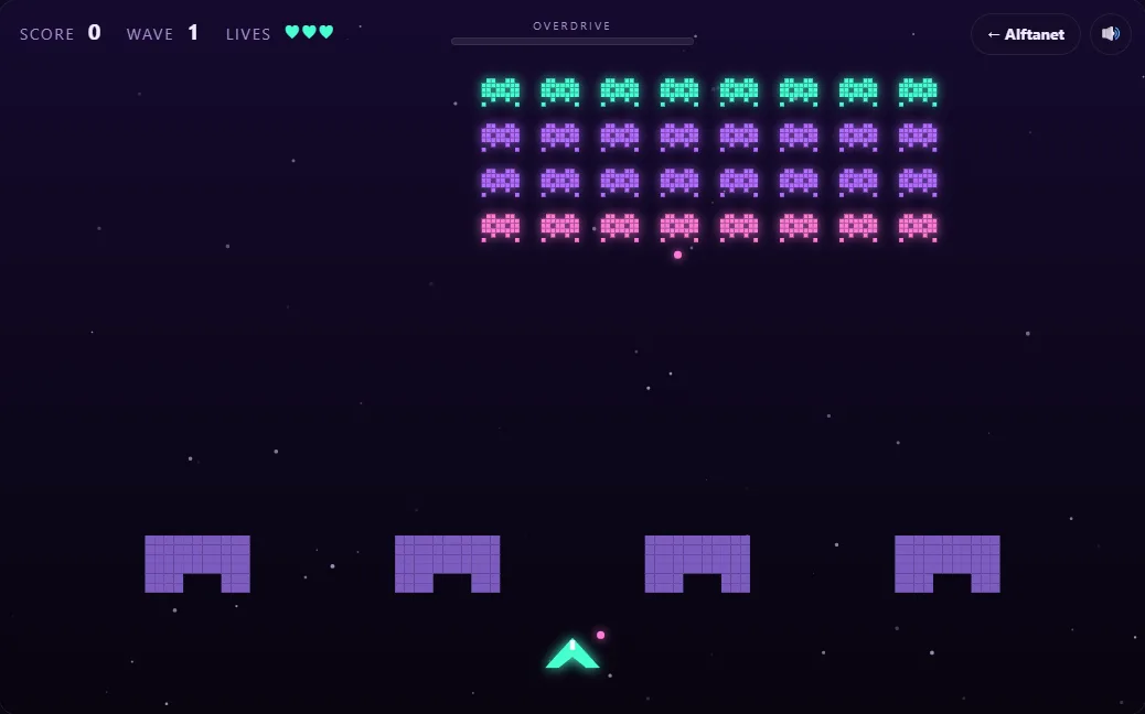 Starhive: four rows of pixel-art aliens in green, purple and pink above four purple shields and the player's ship